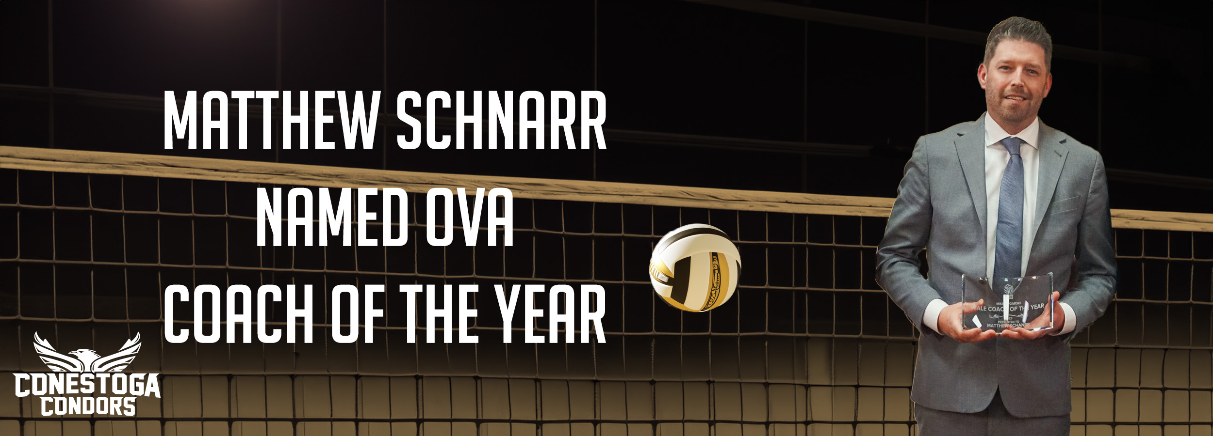 A headling reading Matthew Schnarr Named OVA Coach of the year. A photo a Matthew holding the trophy in front of a volleyball net. 