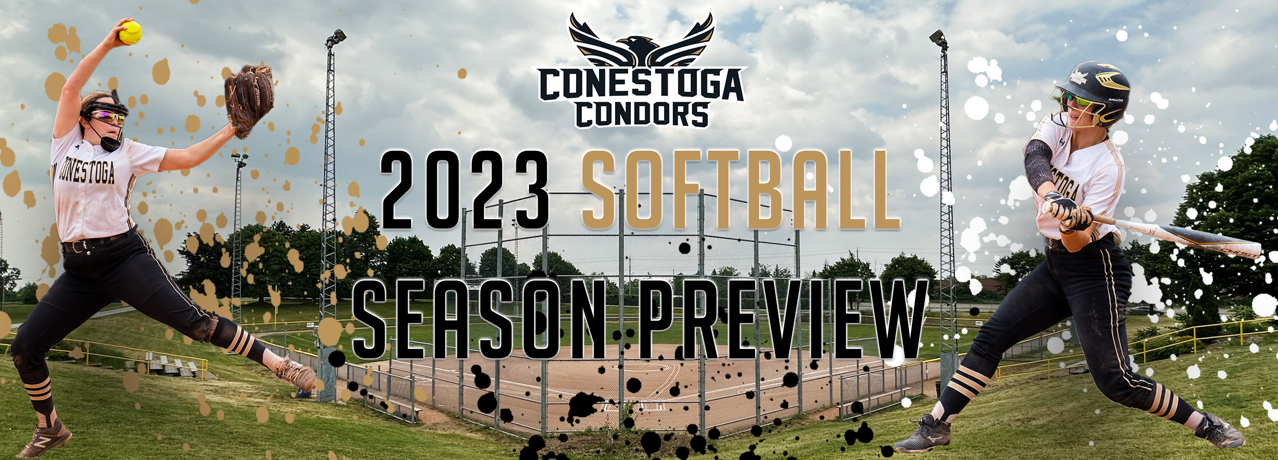 A banner with the headline 2023 Softball Season Preview. ON the left is a woman pitching a softball and on the right is a woman swinging a bat.