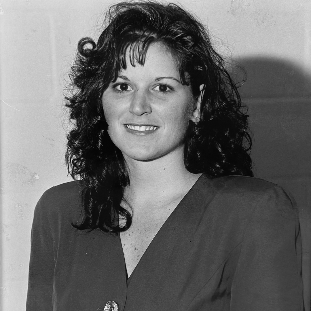 A black and white headshot of Sandra Moffat. 