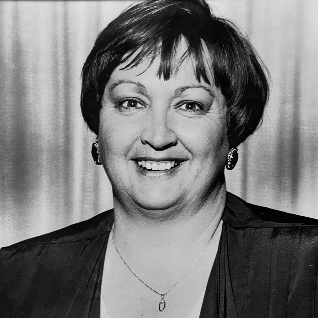 A black and white photo of Sue McLellan. 