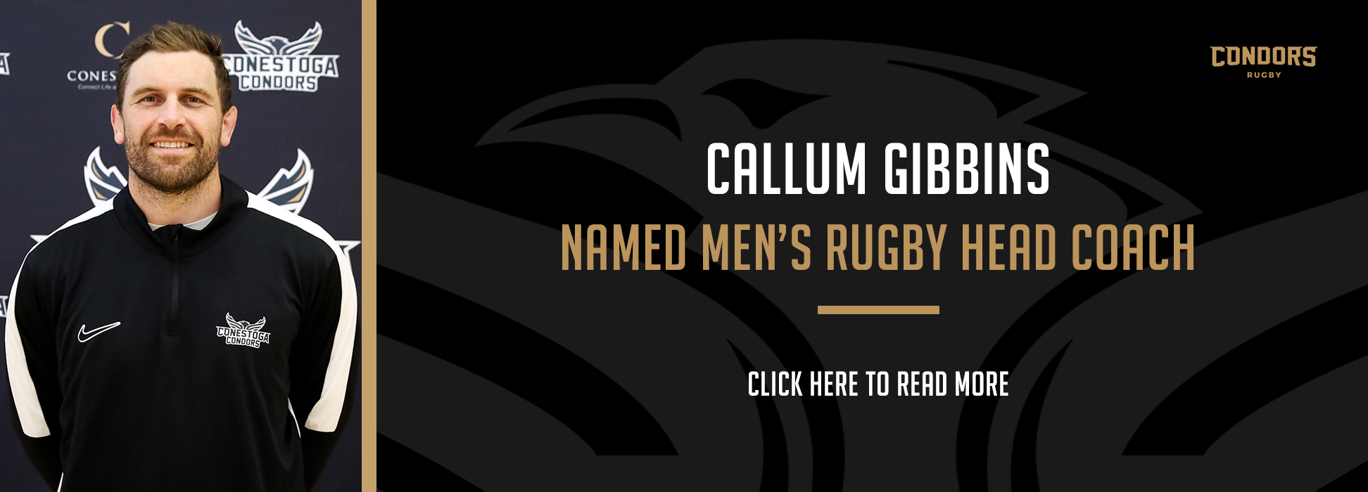 A photo banner reading Callum Gibbins Named Men's Rugby Head Coach