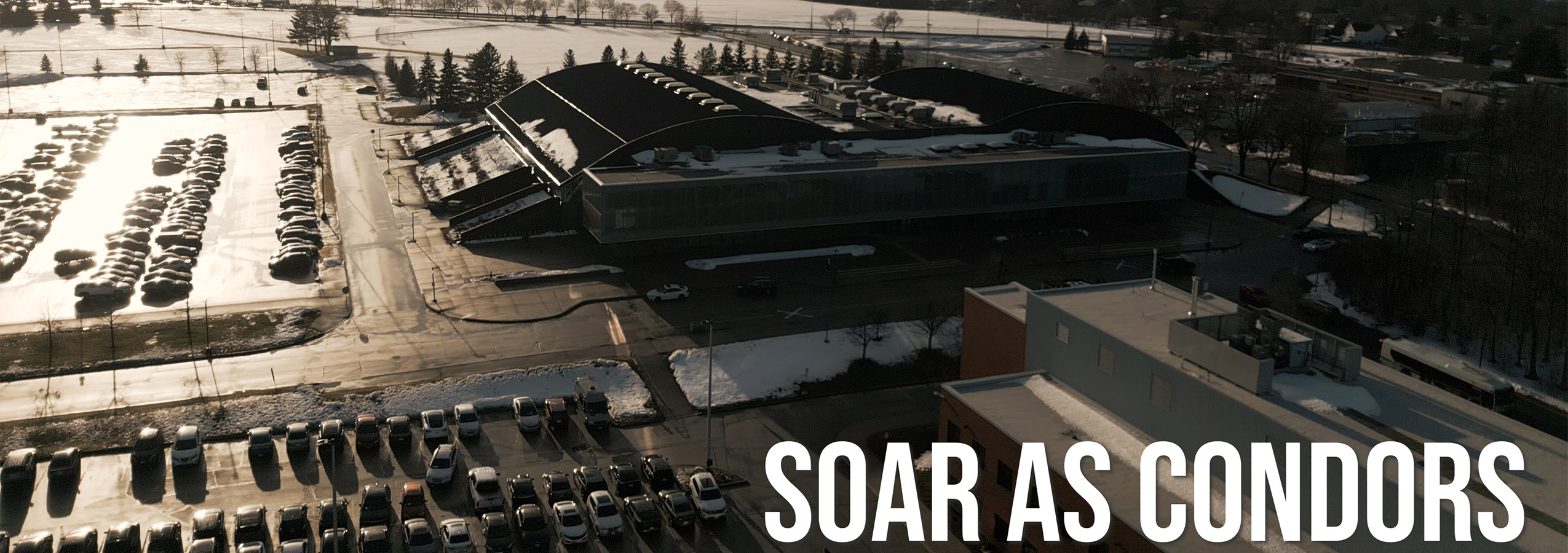 An arial view of the Conestoga Student Recreation Centre with a title reading 