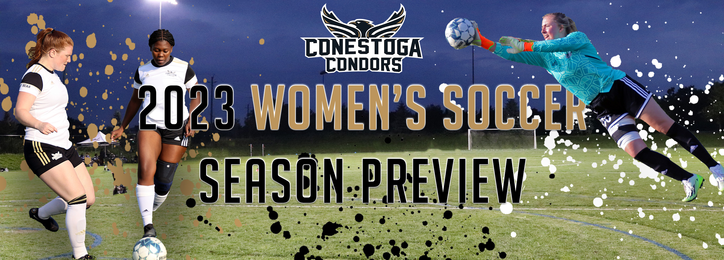A headline reading 2023 women's soccer season preview. With soccer players from the Condors women's rugby team in the background.