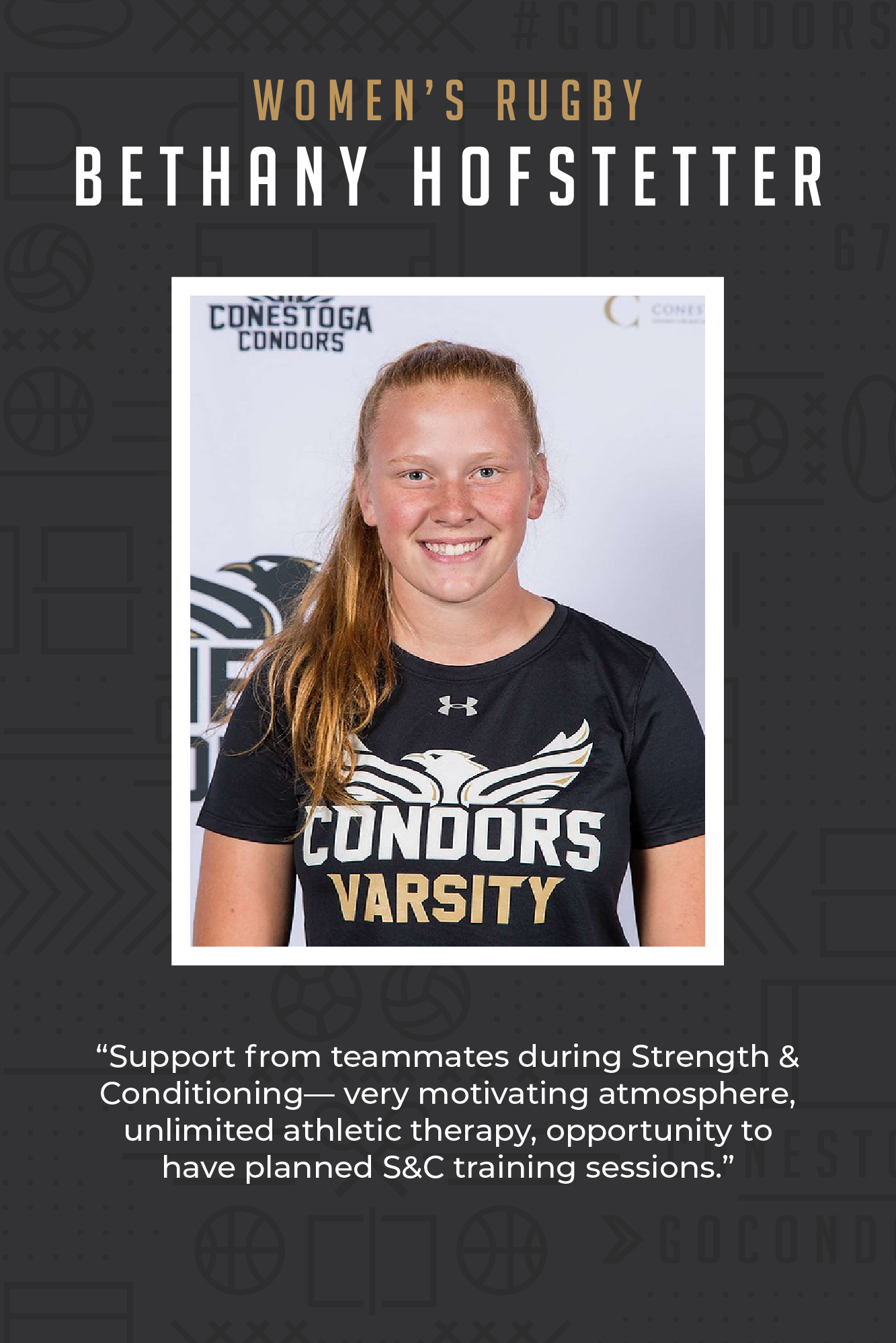 Varsity athlete Bethany's testimonial about support from teammates during strength & conditioning, motivating atmosphere and unlimited athletic therapy.